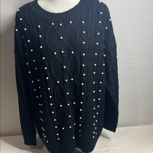 NWOT Holiday Black Pearl-Embellished Cable Knit Sweater